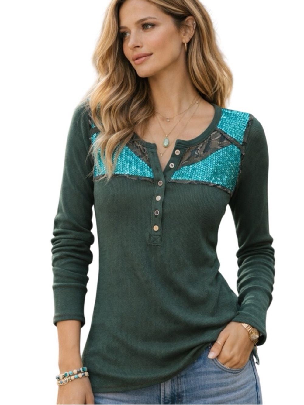 Free People Green Sequin Lace Henley Top L Boho Thermal Mismatch Buttons